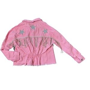 Pink Cowgirl Denim Jacket Triple Star Rhinestone Tassel Bling USA S - Y2K- Indie